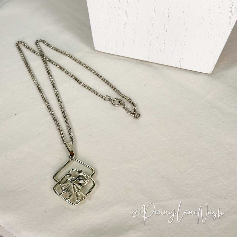 Vintage Dancing Couple on 2 Squares Pendant Necklace - Picture 4 of 6